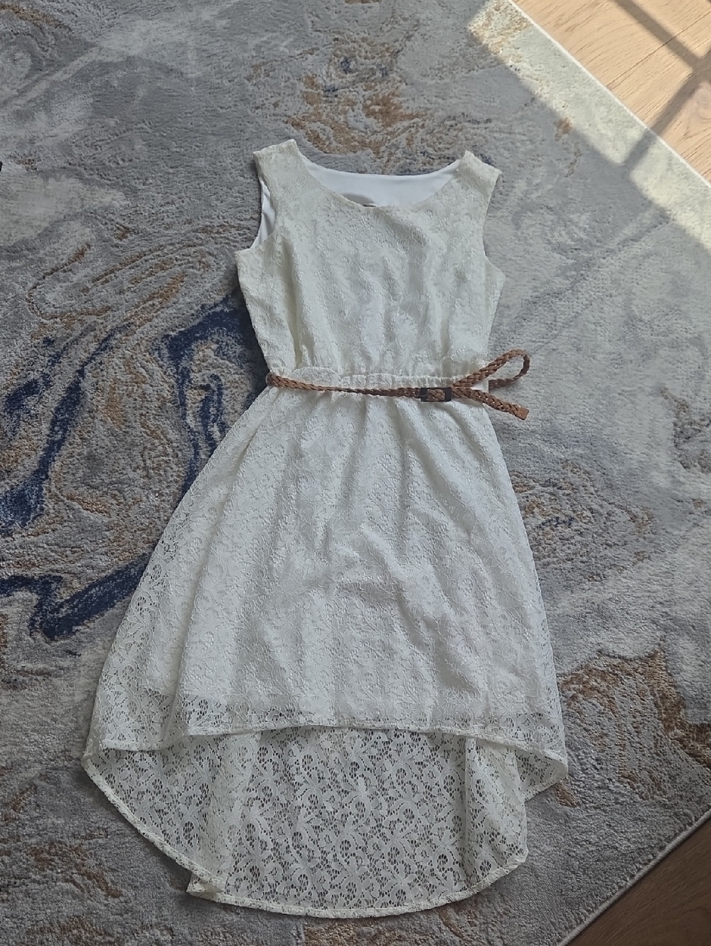 Place Cream Lace Hi-Low Dress with Braided Tan Belt- New With Tags